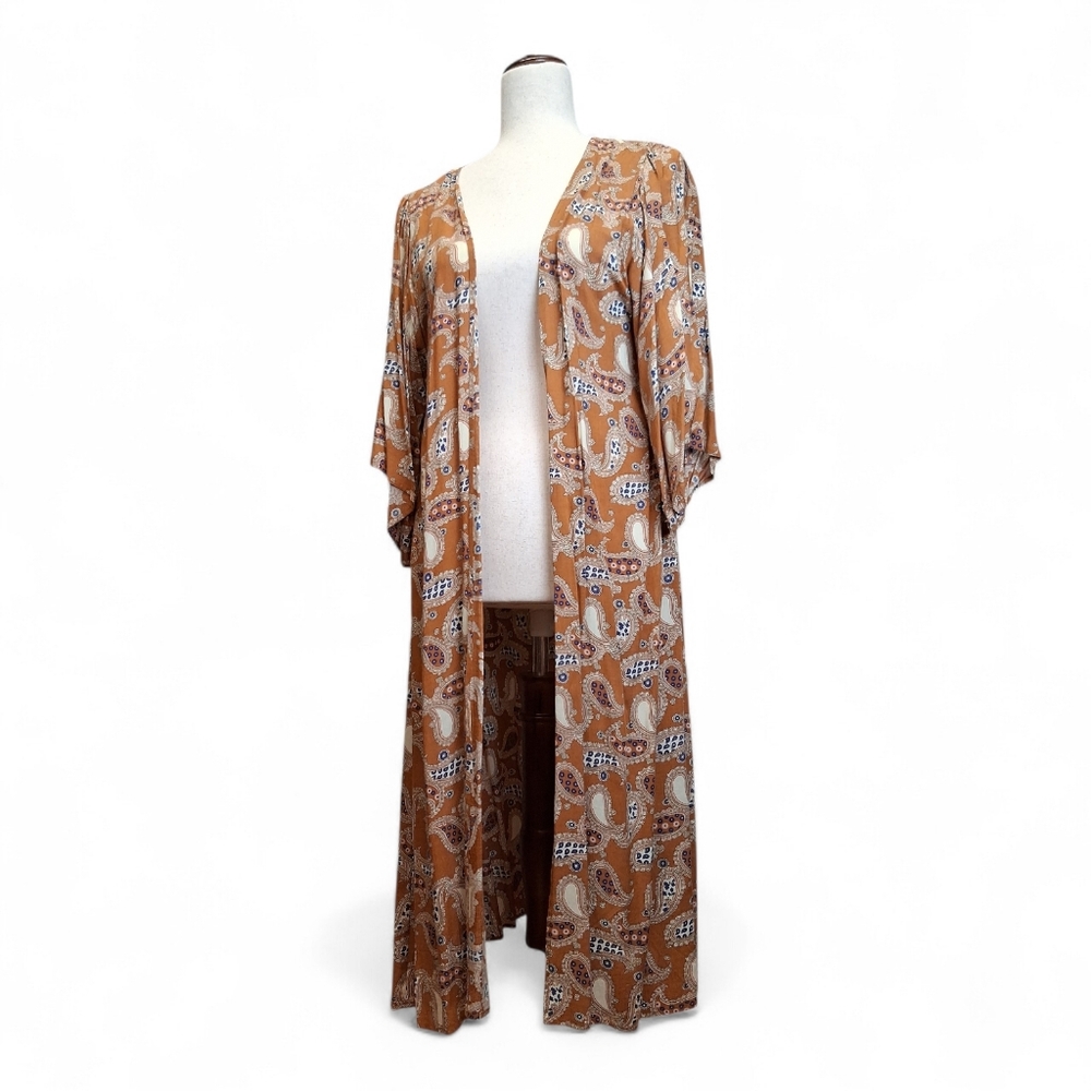 Ciel Women's Blue Brown Paisley Cotton Duster Kimono M